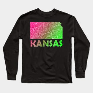 Colorful mandala art map of Kansas with text in pink and green Long Sleeve T-Shirt